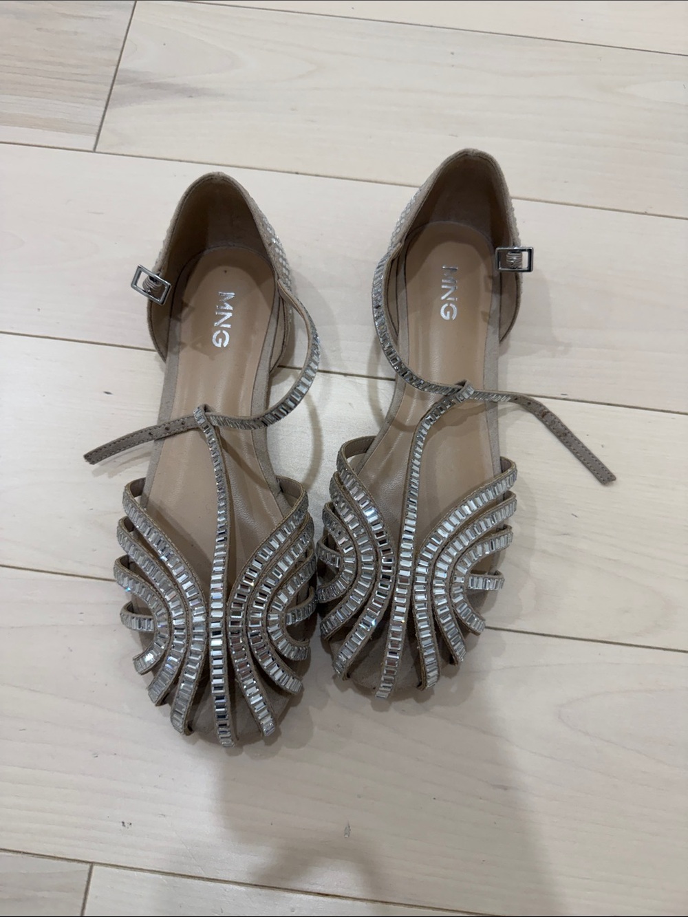 Mango Beaded T-Strap Dress Sandals in Silver-Taupe